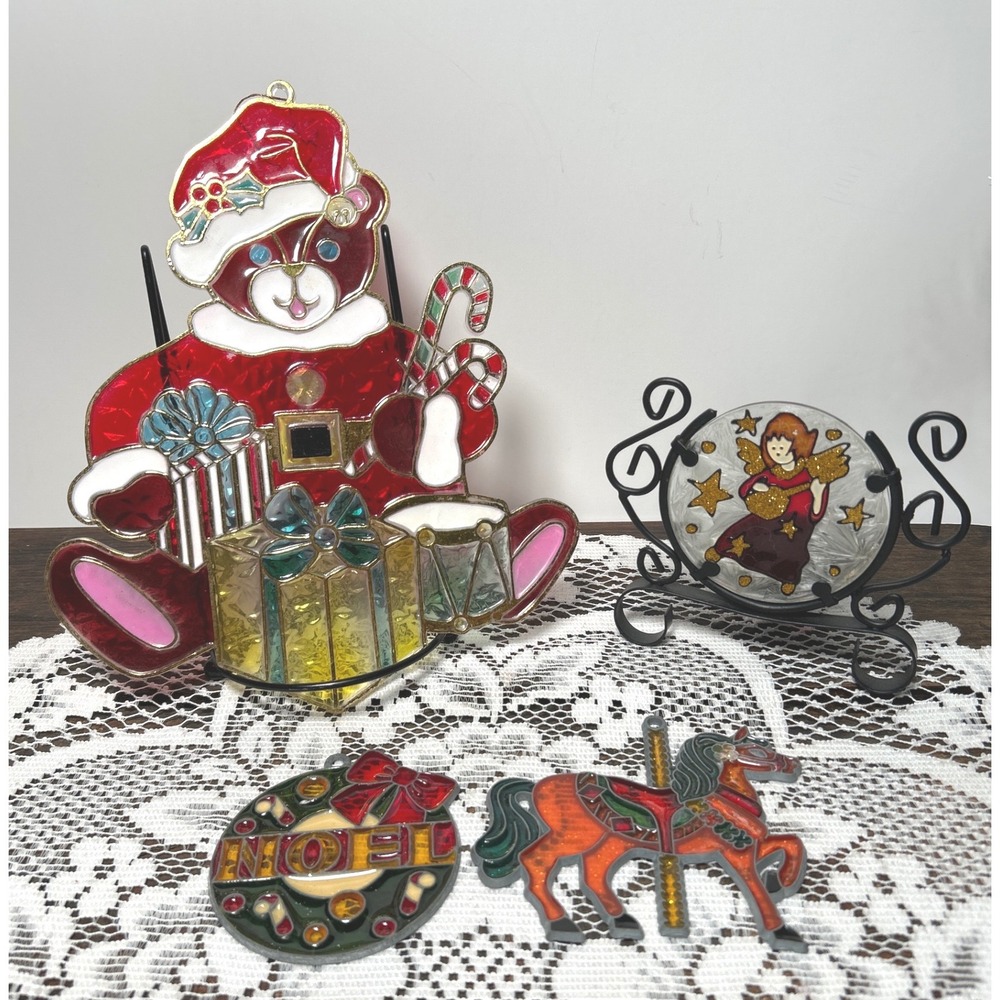 Set of 4 Stained Glass Christmas Ornaments Teddy Bear Angel Noel Carousel Horse